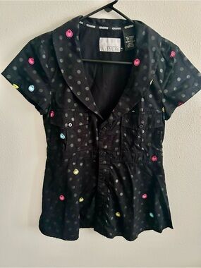 NOMIS Black Polka Dot Short-Sleeve Shawl Collar iButton Front Blouse: M